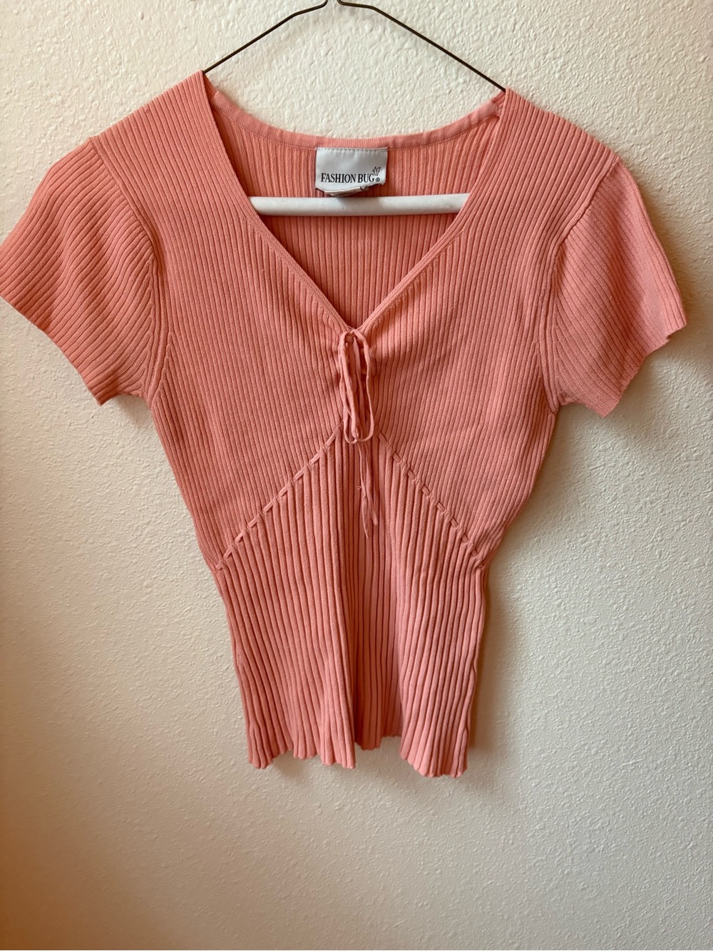 Vintage Fashion Bug Pink Ribbed Tie-Front Short Sleeve Top